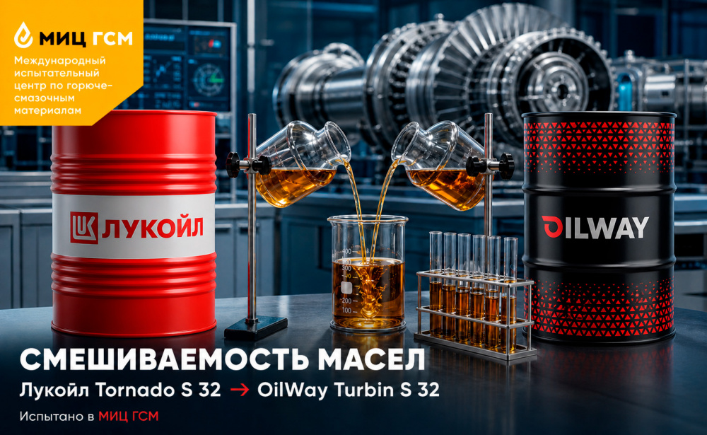 Испытания на смешиваемость масел Лукойл Торнадо S 32 на Oilway Turbin S 32 в МИЦ ГСМ